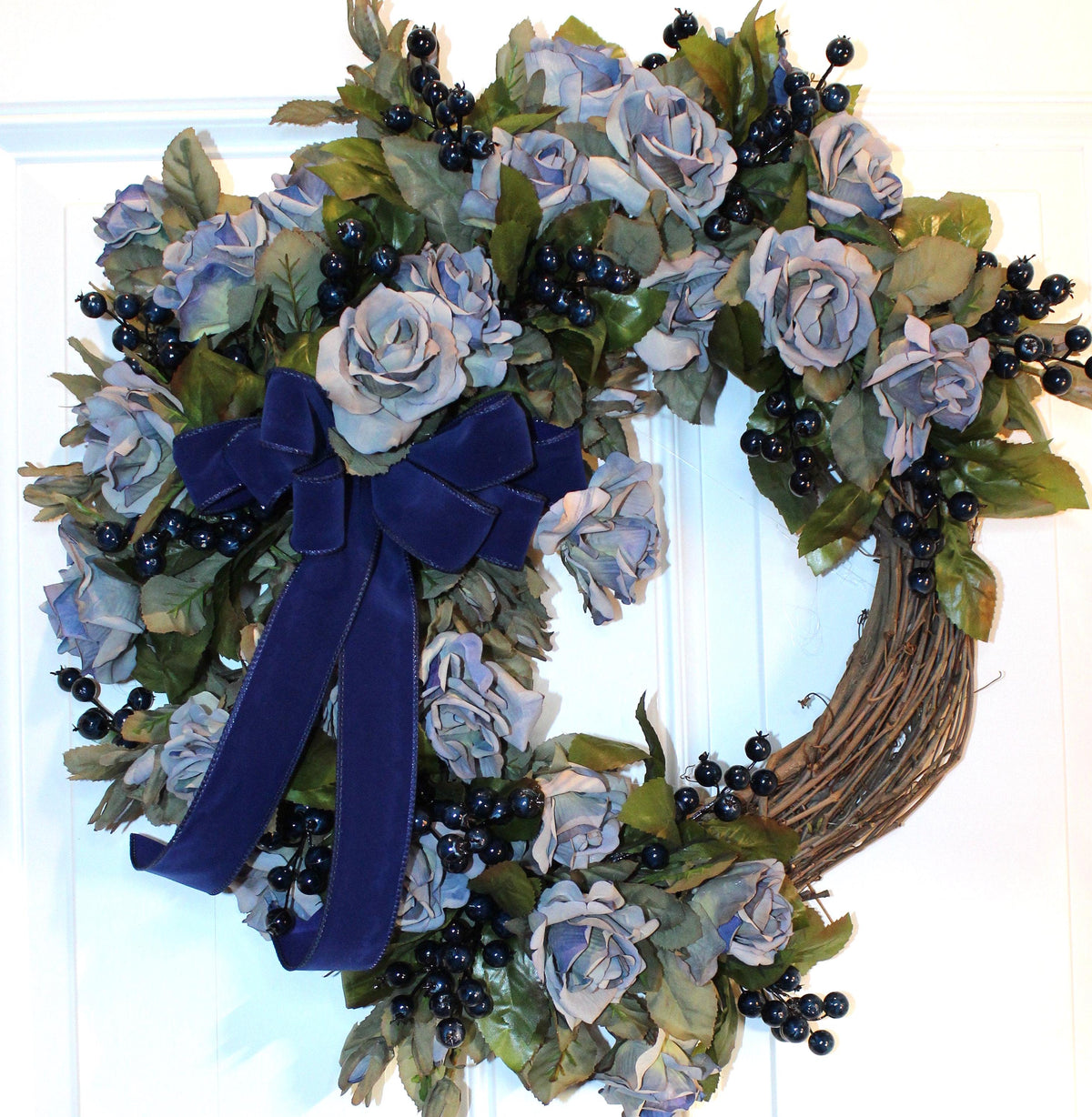 Blueberry Rose Wreath: Velvet Ribbon Farmhouse Door Decor
