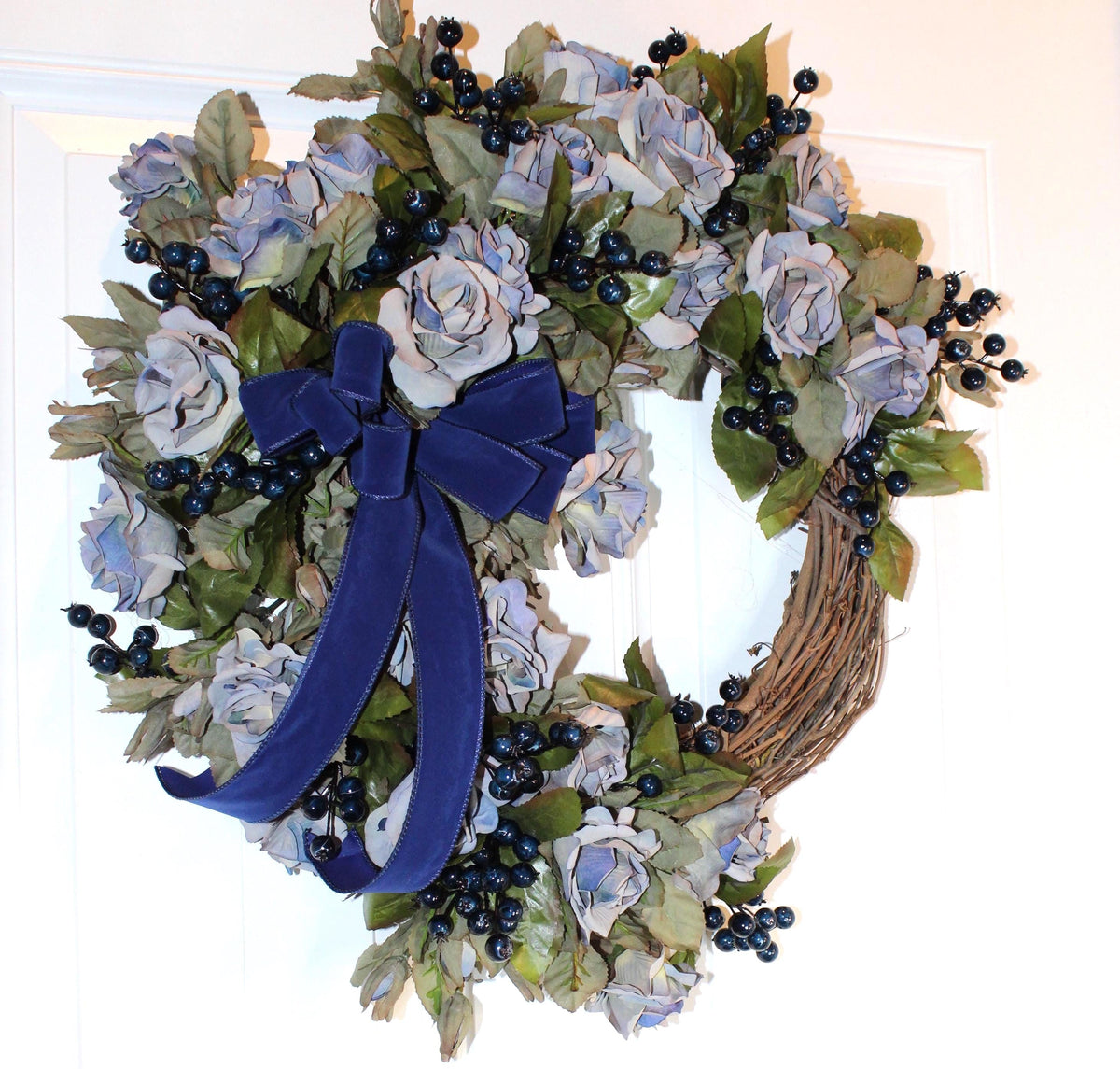 Blueberry Rose Wreath: Velvet Ribbon Farmhouse Door Decor