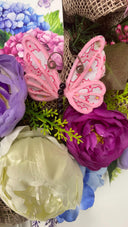 Floral Wreath: Pink & Blue Hydrangea, Peony, Ranunculus on Burlap Base