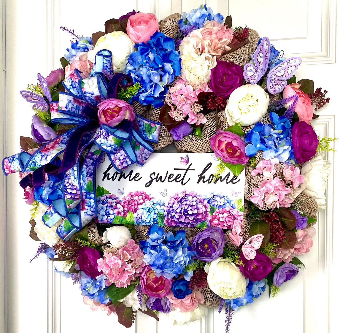Floral Wreath: Pink & Blue Hydrangea, Peony, Ranunculus on Burlap Base
