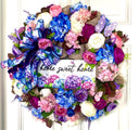 Floral Wreath: Pink & Blue Hydrangea, Peony, Ranunculus on Burlap Base