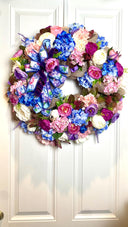 Floral Wreath: Pink & Blue Hydrangea, Peony, Ranunculus on Burlap Base