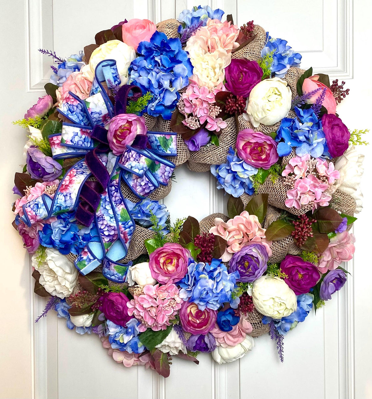 Floral Wreath: Pink & Blue Hydrangea, Peony, Ranunculus on Burlap Base