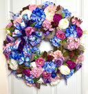 Floral Wreath: Pink & Blue Hydrangea, Peony, Ranunculus on Burlap Base
