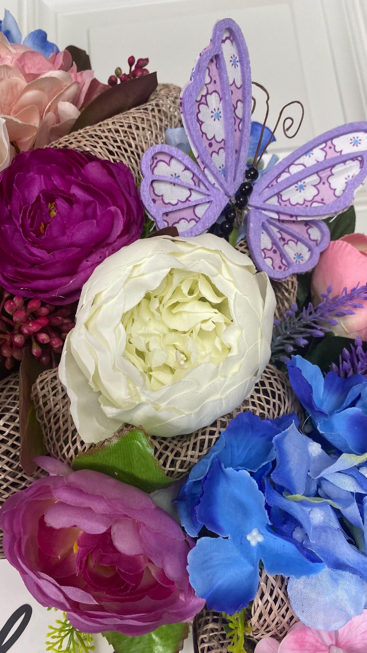 Floral Wreath: Pink & Blue Hydrangea, Peony, Ranunculus on Burlap Base