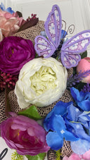 Floral Wreath: Pink & Blue Hydrangea, Peony, Ranunculus on Burlap Base
