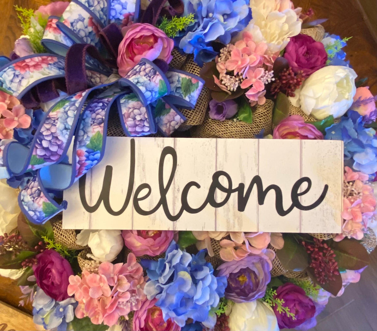 Floral Wreath: Pink & Blue Hydrangea, Peony, Ranunculus on Burlap Base