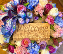 Floral Wreath: Pink & Blue Hydrangea, Peony, Ranunculus on Burlap Base