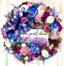 Floral Wreath: Pink & Blue Hydrangea, Peony, Ranunculus on Burlap Base
