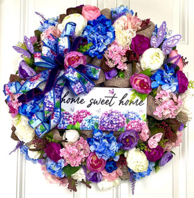 Floral Wreath: Pink & Blue Hydrangea, Peony, Ranunculus on Burlap Base