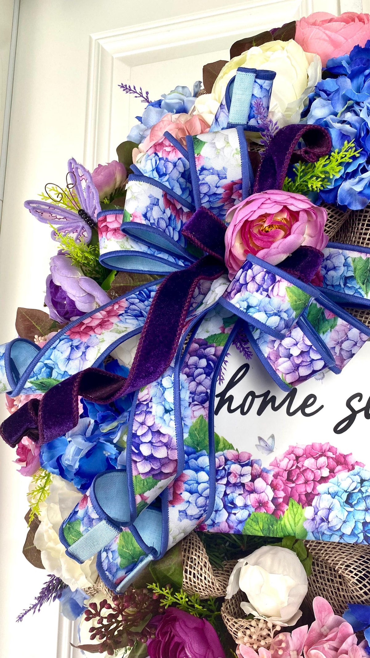 Floral Wreath: Pink & Blue Hydrangea, Peony, Ranunculus on Burlap Base