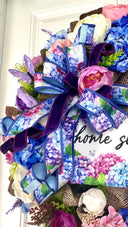 Floral Wreath: Pink & Blue Hydrangea, Peony, Ranunculus on Burlap Base