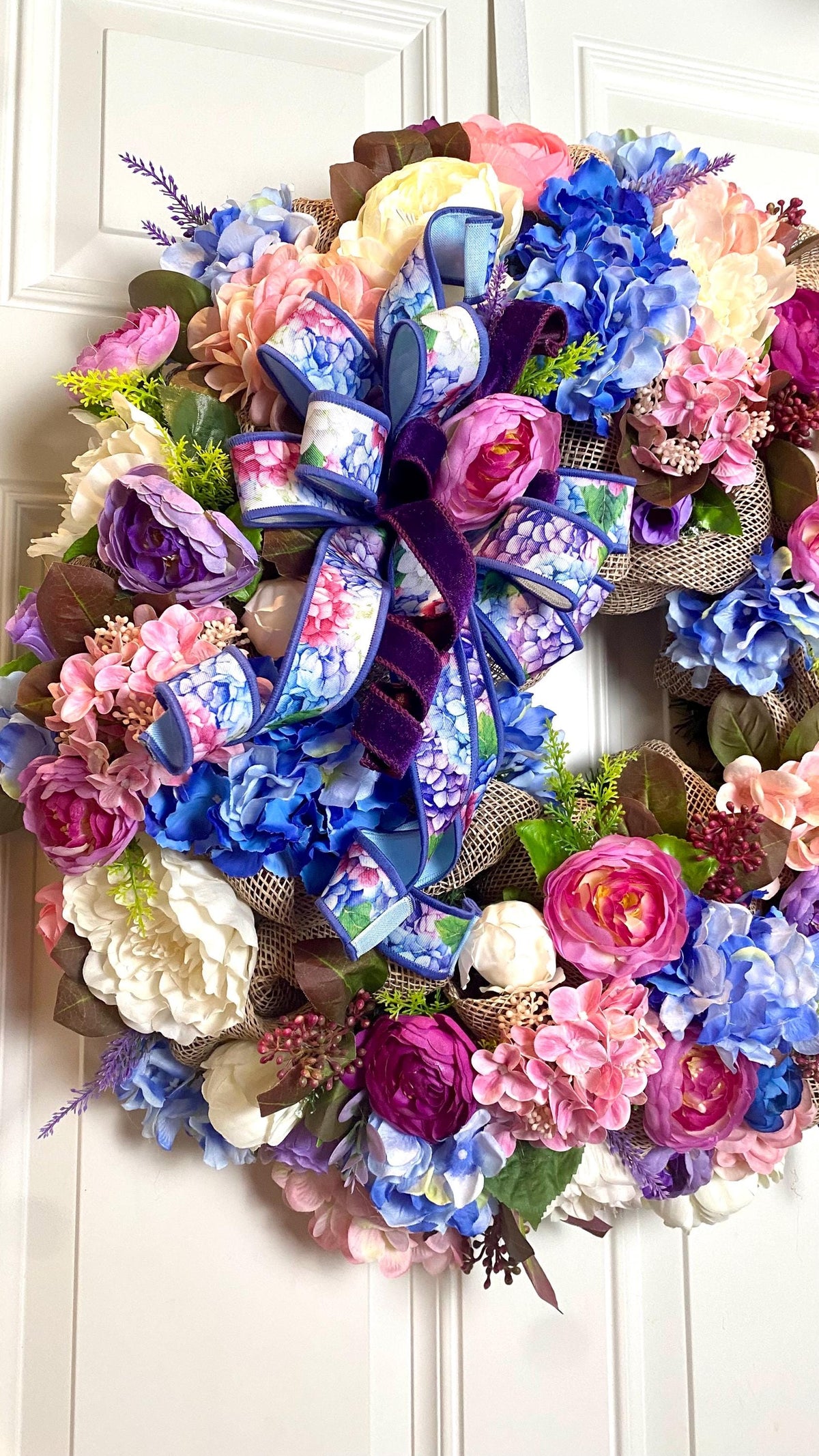 Floral Wreath: Pink & Blue Hydrangea, Peony, Ranunculus on Burlap Base