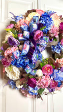 Floral Wreath: Pink & Blue Hydrangea, Peony, Ranunculus on Burlap Base