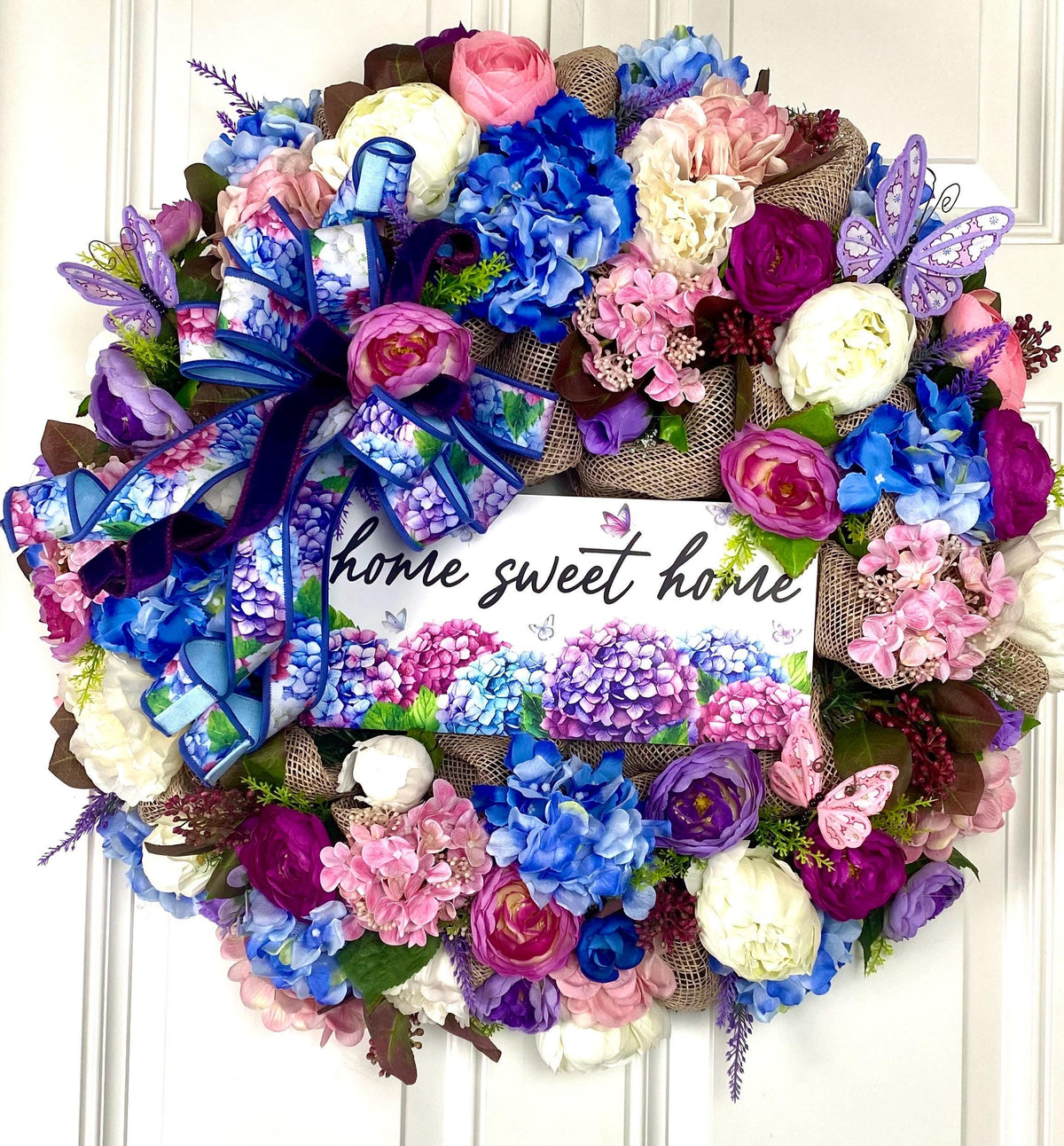 Floral Wreath: Pink & Blue Hydrangea, Peony, Ranunculus on Burlap Base