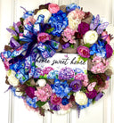 Floral Wreath: Pink & Blue Hydrangea, Peony, Ranunculus on Burlap Base