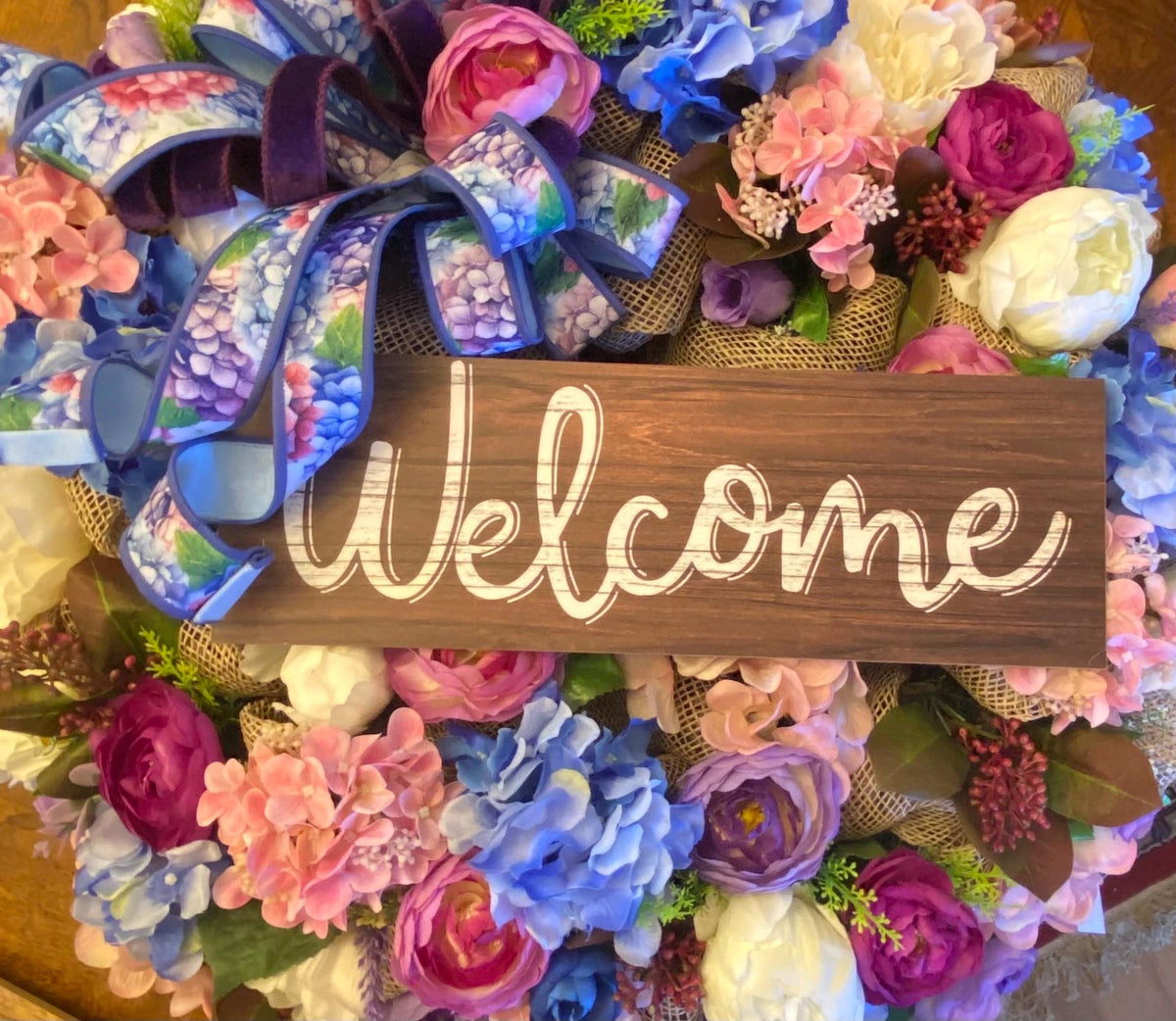Floral Wreath: Pink & Blue Hydrangea, Peony, Ranunculus on Burlap Base