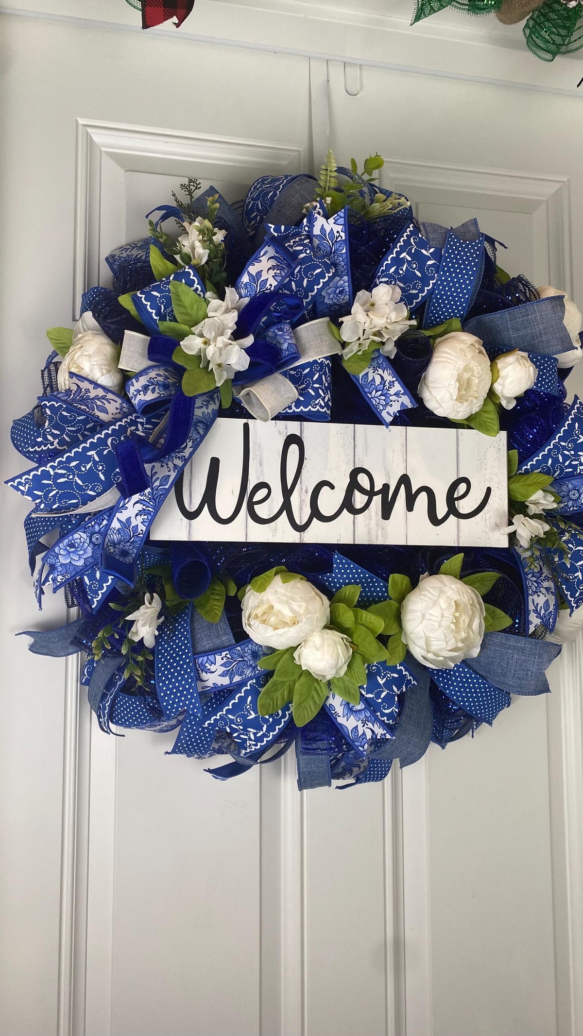 Everyday Wreath Front Door, Peony Wreath, Blue Toile, Farmhouse Wreath for Every Season, Spring Wreath, Summer Deco Mesh,