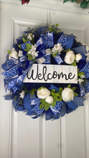 Everyday Wreath Front Door, Peony Wreath, Blue Toile, Farmhouse Wreath for Every Season, Spring Wreath, Summer Deco Mesh,