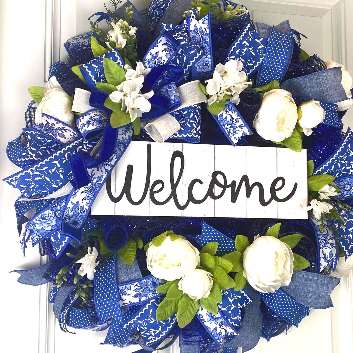 Everyday Wreath Front Door, Peony Wreath, Blue Toile, Farmhouse Wreath for Every Season, Spring Wreath, Summer Deco Mesh,