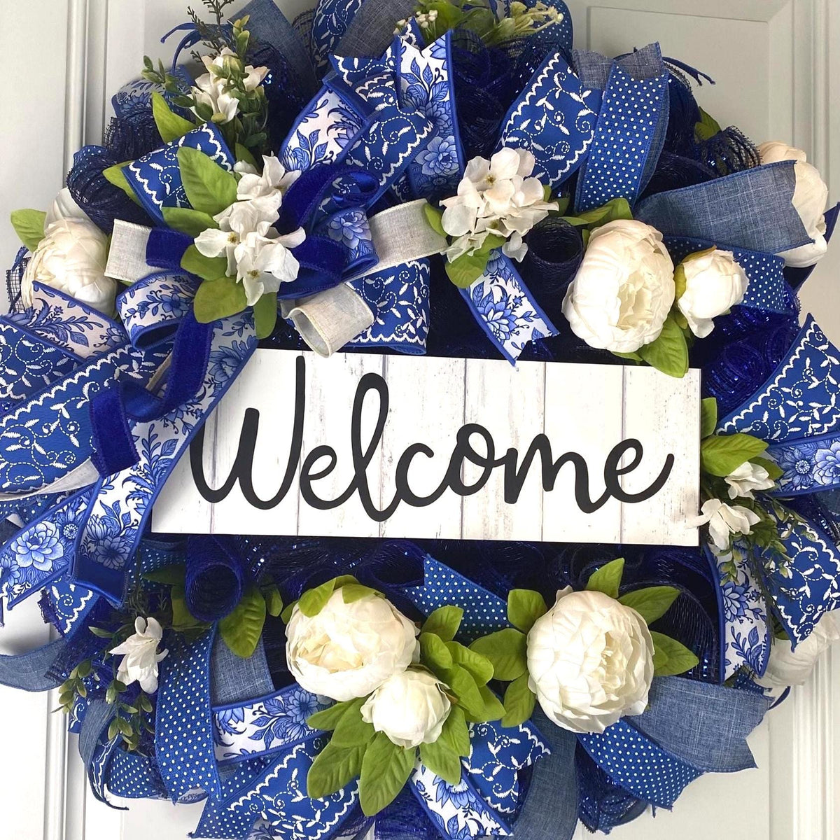 Everyday Wreath Front Door, Peony Wreath, Blue Toile, Farmhouse Wreath for Every Season, Spring Wreath, Summer Deco Mesh,
