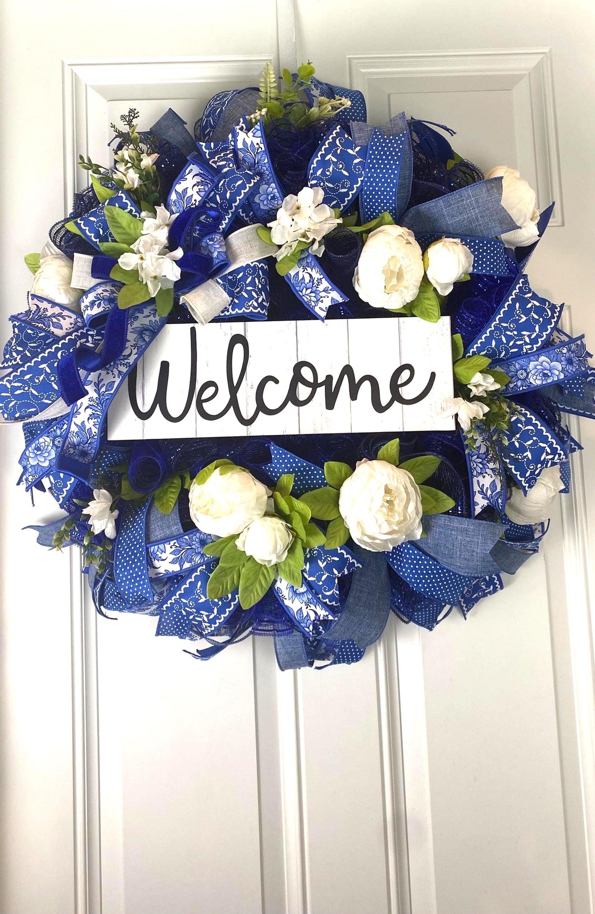Everyday Wreath Front Door, Peony Wreath, Blue Toile, Farmhouse Wreath for Every Season, Spring Wreath, Summer Deco Mesh,
