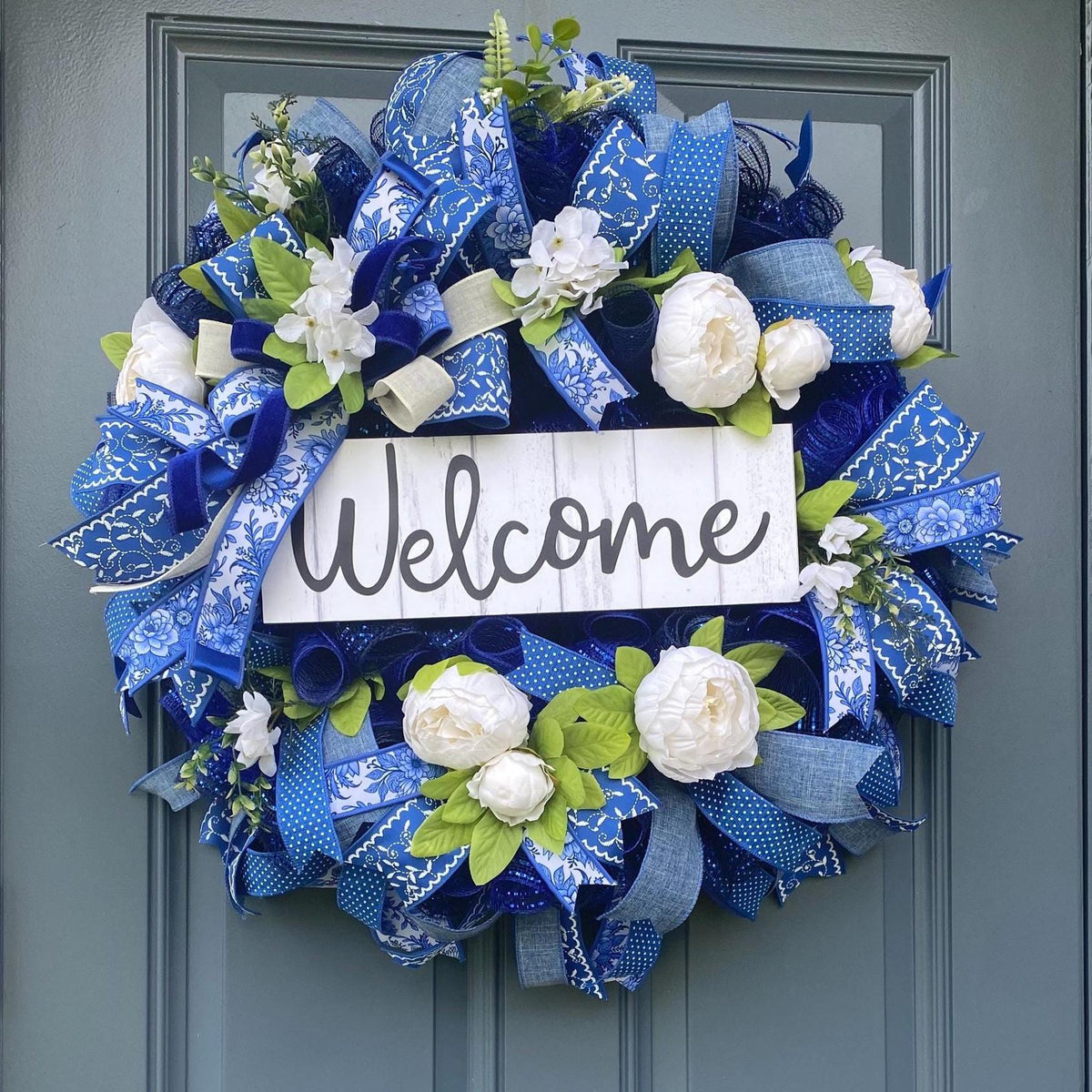 Everyday Wreath Front Door, Peony Wreath, Blue Toile, Farmhouse Wreath for Every Season, Spring Wreath, Summer Deco Mesh,