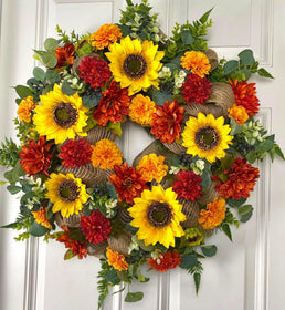 Fall Sunflower Dahlia Wreath: Farmhouse Burlap Front Door Decor