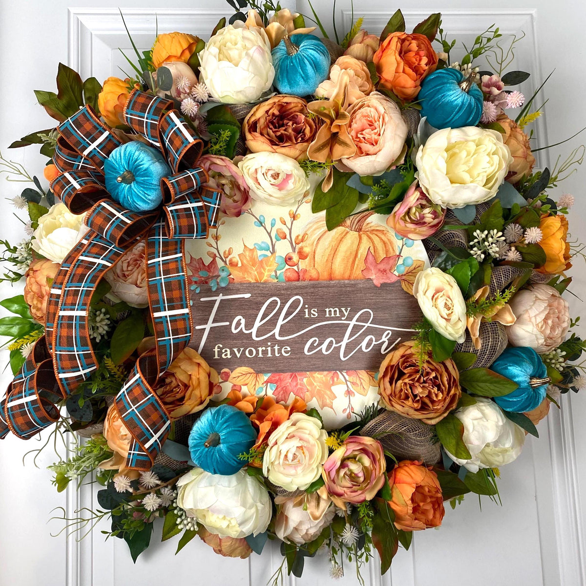 Teal Turquoise Fall Pumpkin Floral Peony-Ranunculus Wreath
