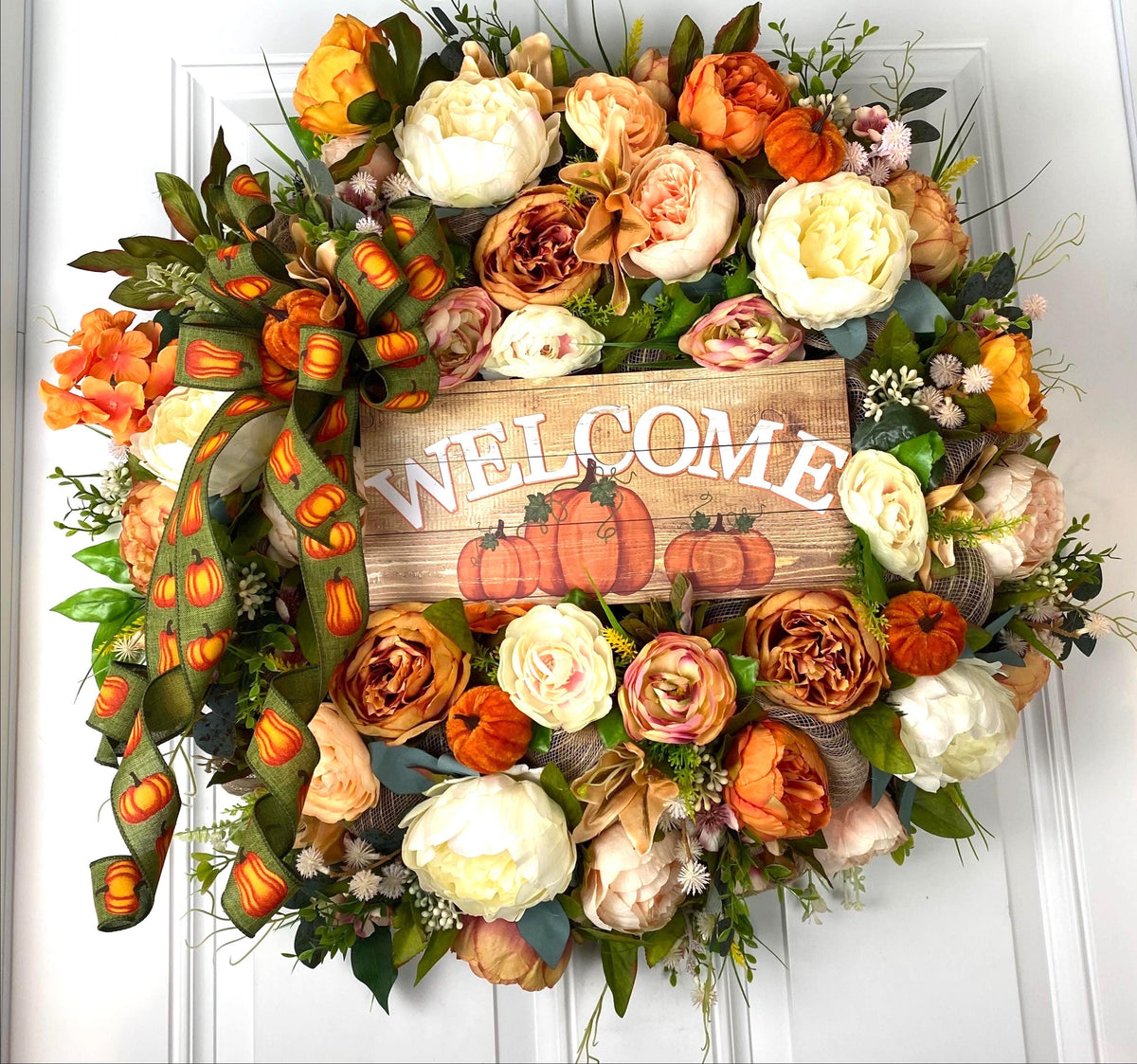 Fall Pumpkin Floral Peony-Ranunculus Wreath
