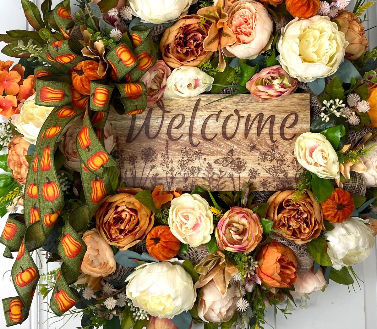 Fall Pumpkin Floral Peony-Ranunculus Wreath