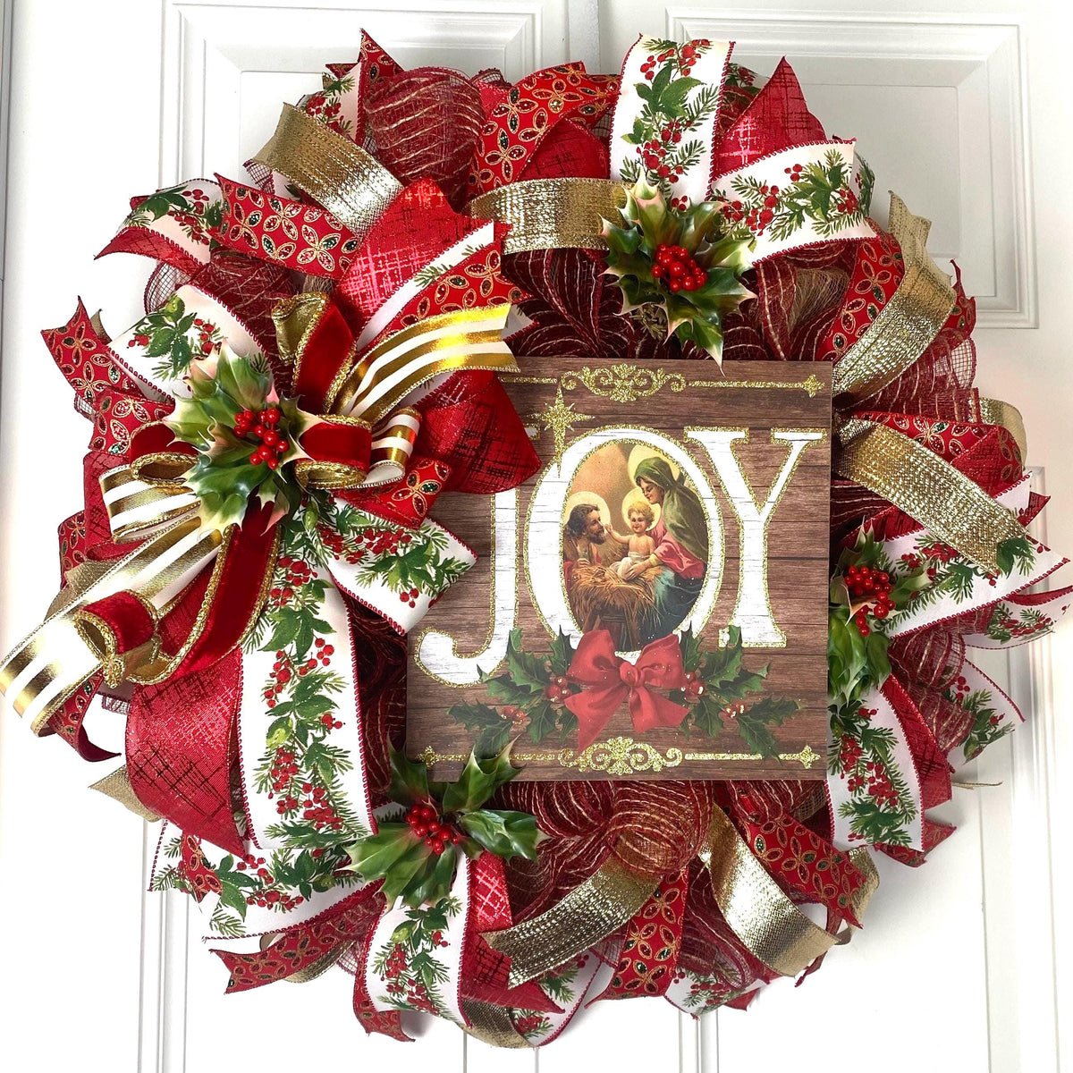 Elegant Gold and Red Nativity Wreath with Holly Berry Embellishments