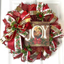 Elegant Gold and Red Nativity Wreath with Holly Berry Embellishments