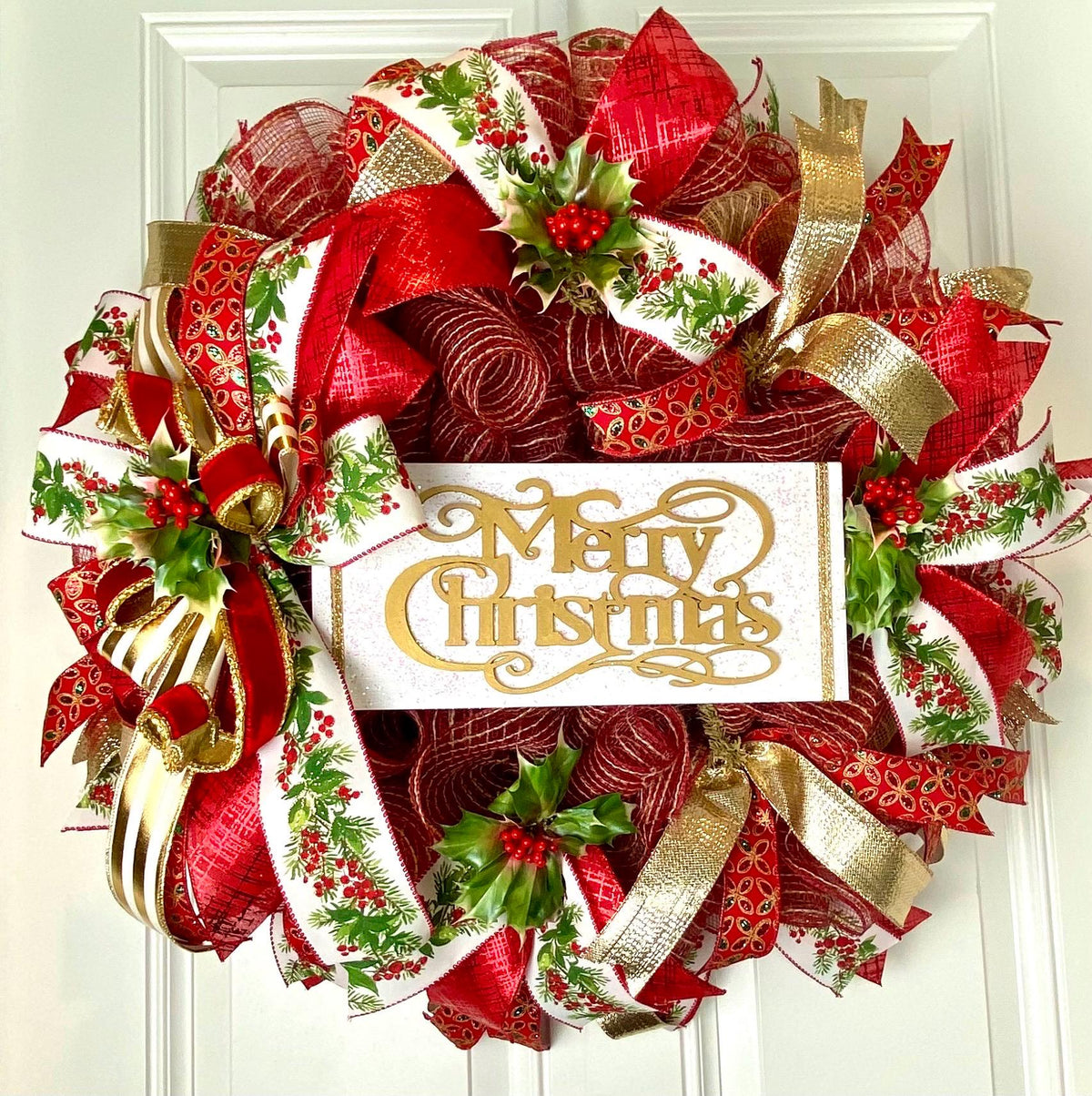Elegant Gold and Red Nativity Wreath with Holly Berry Embellishments