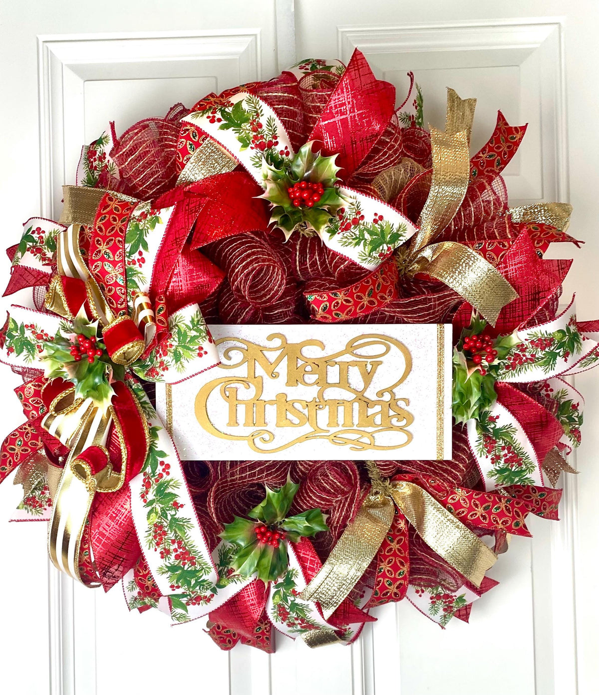 Elegant Gold and Red Nativity Wreath with Holly Berry Embellishments