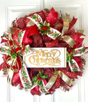 Elegant Gold and Red Nativity Wreath with Holly Berry Embellishments