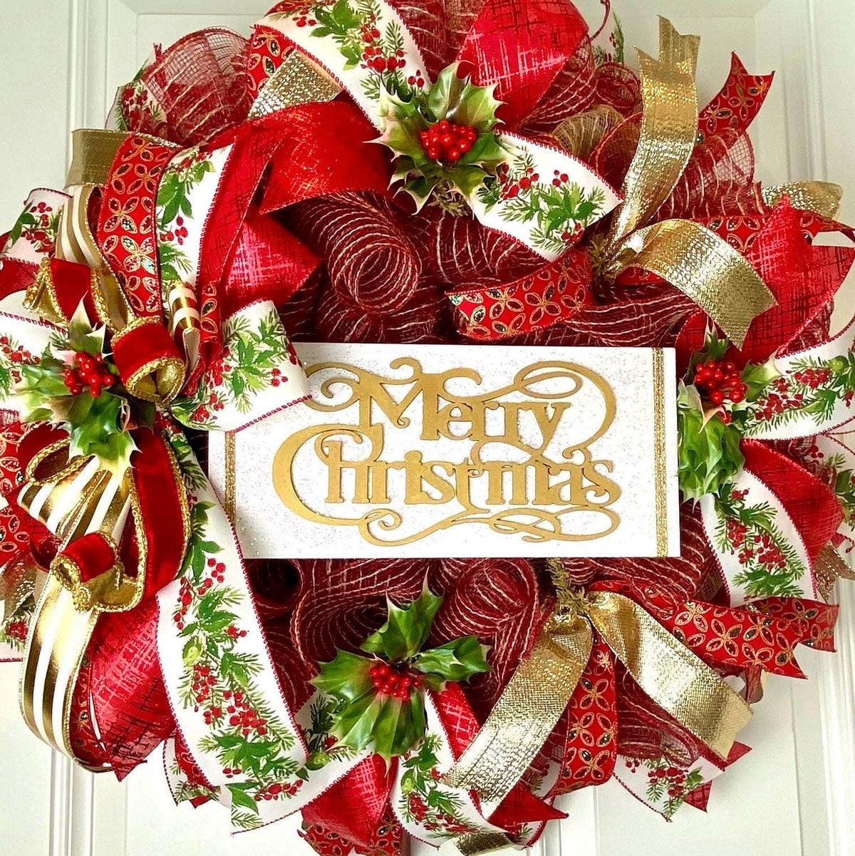 Elegant Gold and Red Nativity Wreath with Holly Berry Embellishments