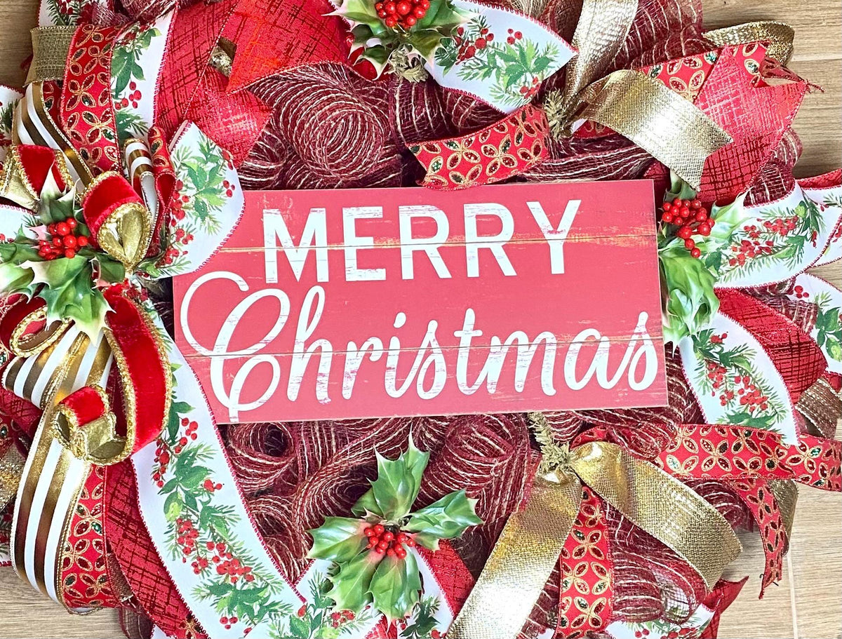 Elegant Gold and Red Nativity Wreath with Holly Berry Embellishments