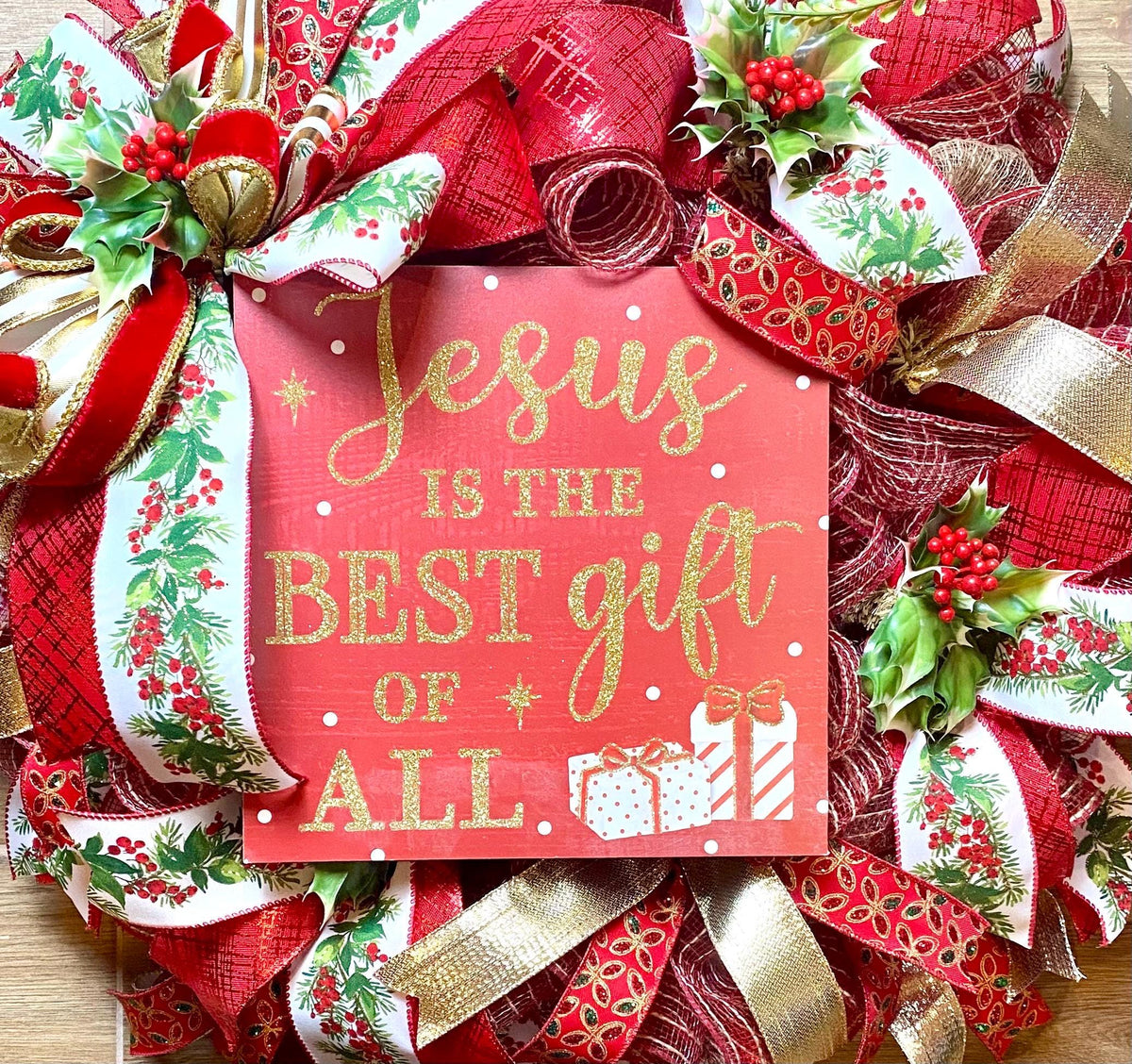 Elegant Gold and Red Nativity Wreath with Holly Berry Embellishments