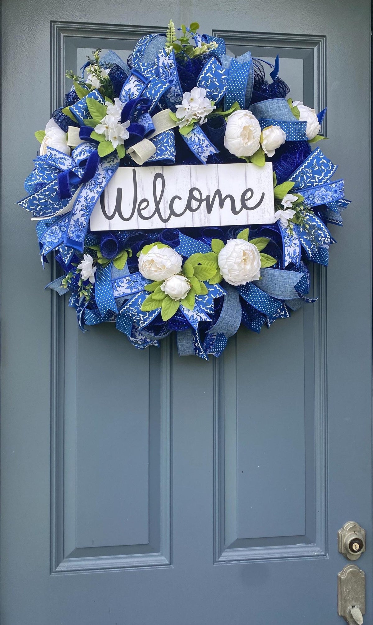 Everyday Wreath Front Door, Peony Wreath, Blue Toile, Farmhouse Wreath for Every Season, Spring Wreath, Summer Deco Mesh,