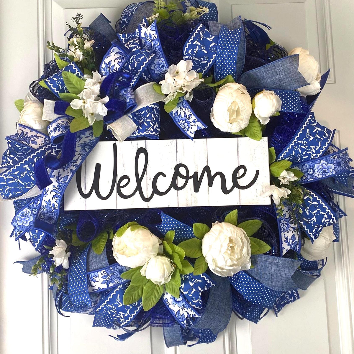 Everyday Wreath Front Door, Peony Wreath, Blue Toile, Farmhouse Wreath for Every Season, Spring Wreath, Summer Deco Mesh,