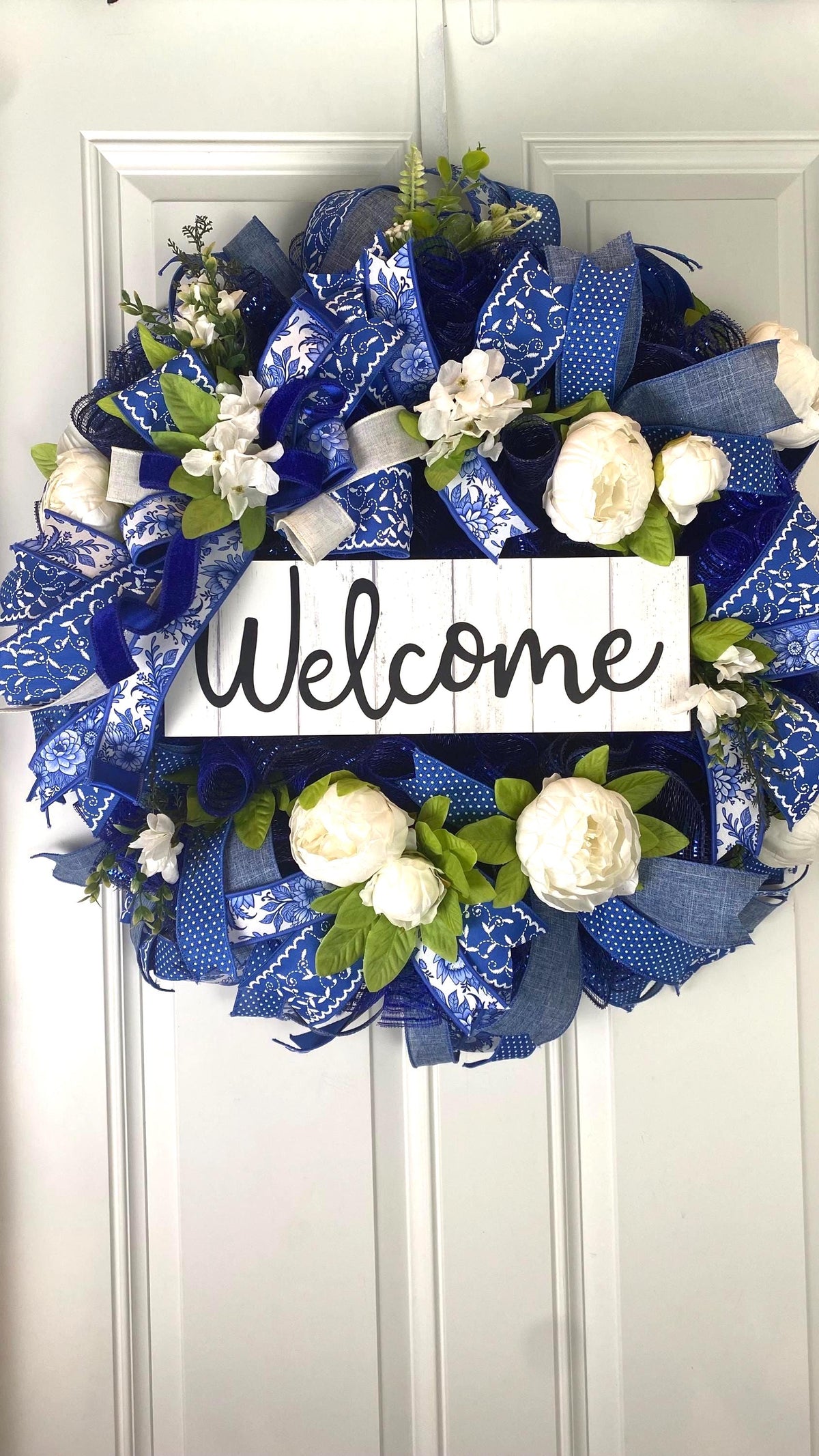 Everyday Wreath Front Door, Peony Wreath, Blue Toile, Farmhouse Wreath for Every Season, Spring Wreath, Summer Deco Mesh,