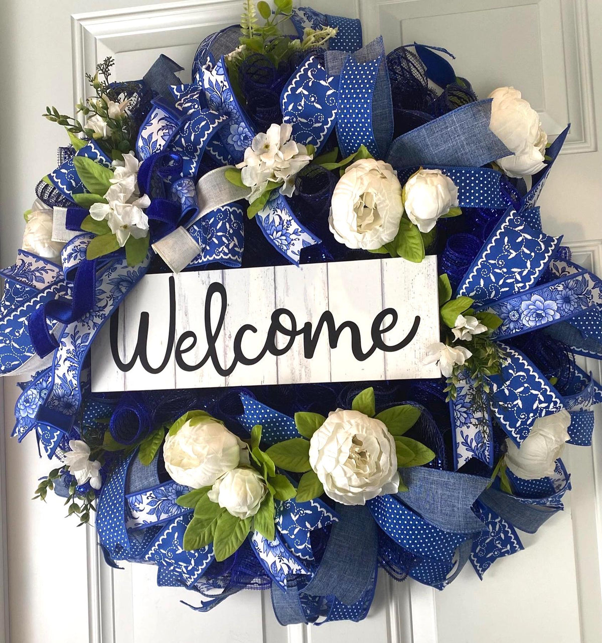 Everyday Wreath Front Door, Peony Wreath, Blue Toile, Farmhouse Wreath for Every Season, Spring Wreath, Summer Deco Mesh,
