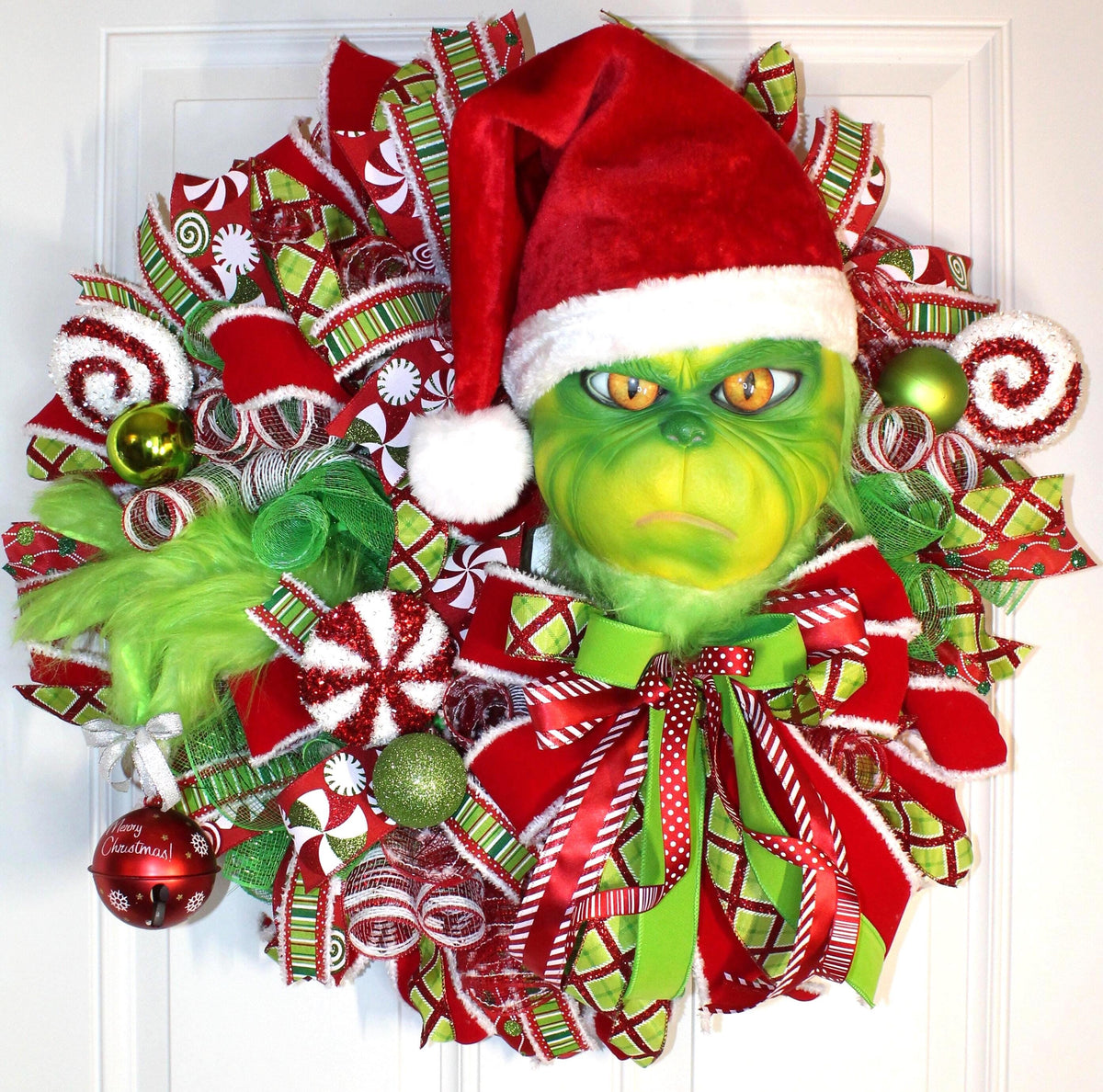 Whimsical Christmas Wreath, Green Monster Wreath, Mean One, Red and Green Holiday Candy Wreath, Holiday Fantasy