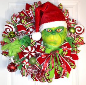 Whimsical Christmas Wreath, Green Monster Wreath, Mean One, Red and Green Holiday Candy Wreath, Holiday Fantasy