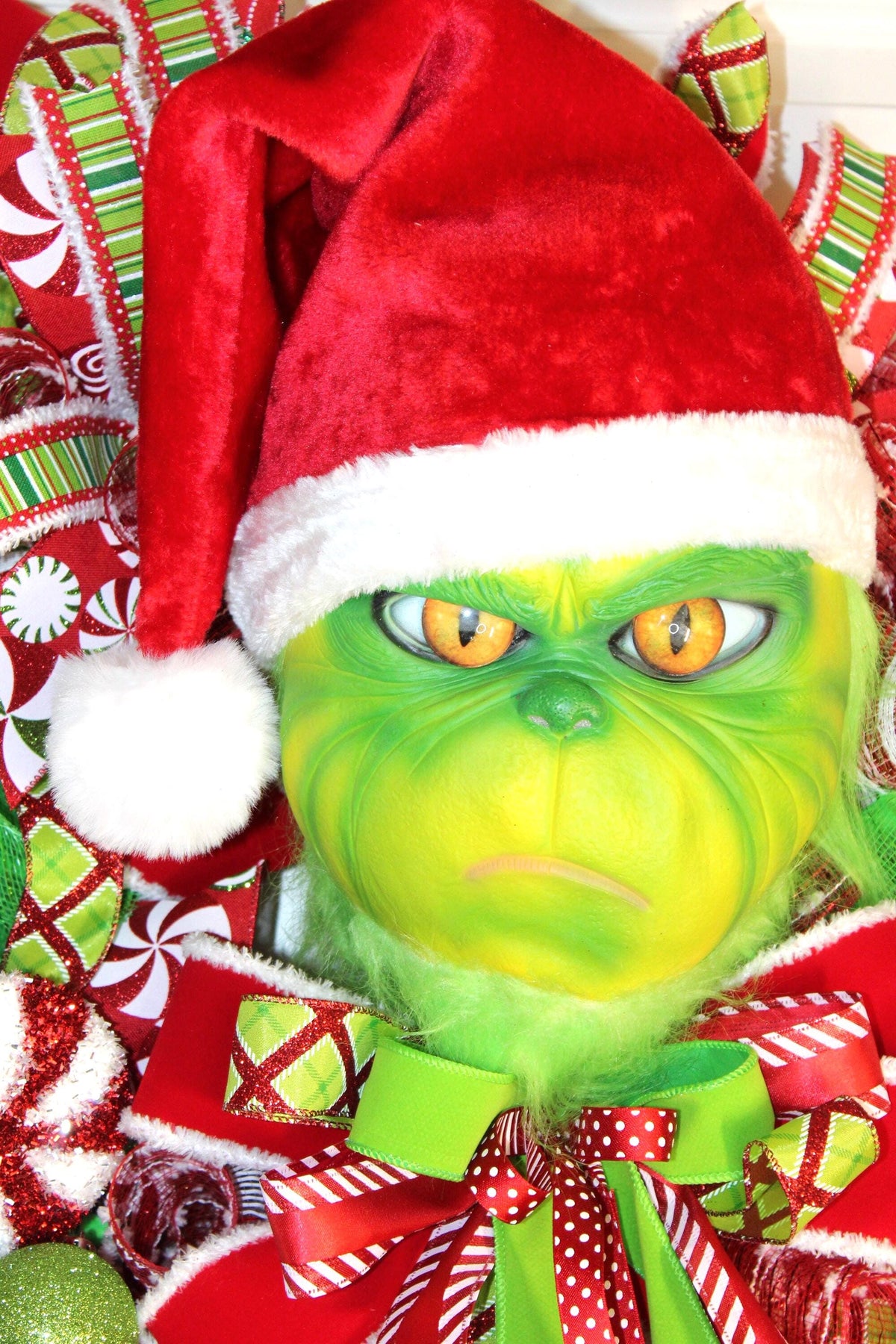 Whimsical Christmas Wreath, Green Monster Wreath, Mean One, Red and Green Holiday Candy Wreath, Holiday Fantasy