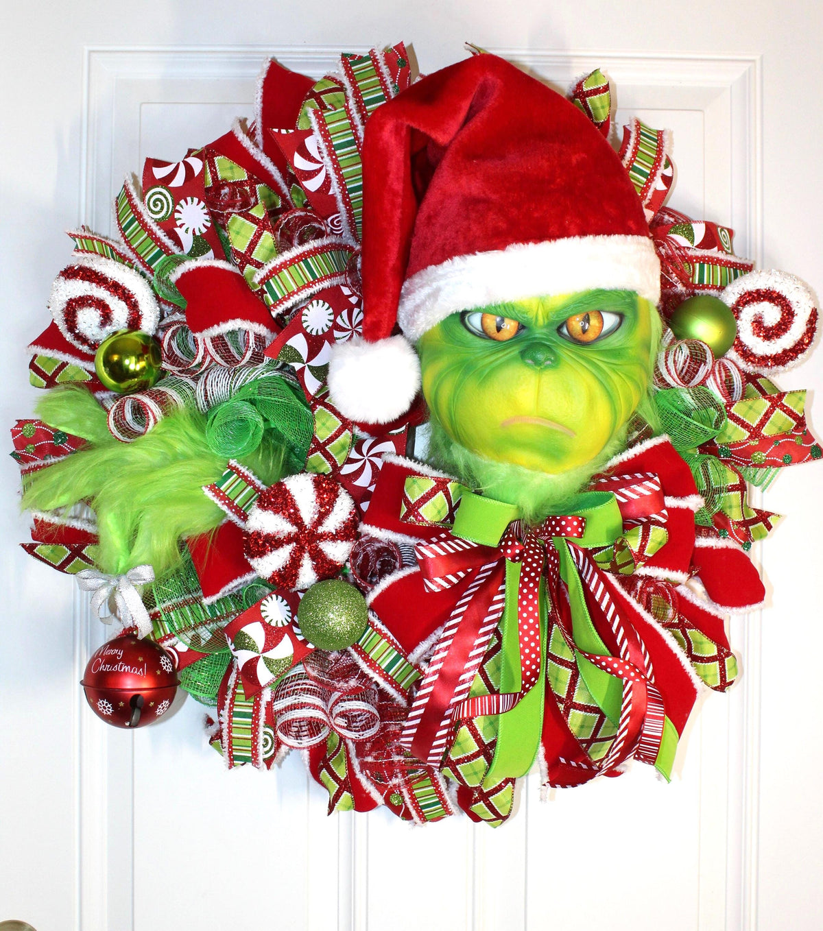 Whimsical Christmas Wreath, Green Monster Wreath, Mean One, Red and Green Holiday Candy Wreath, Holiday Fantasy
