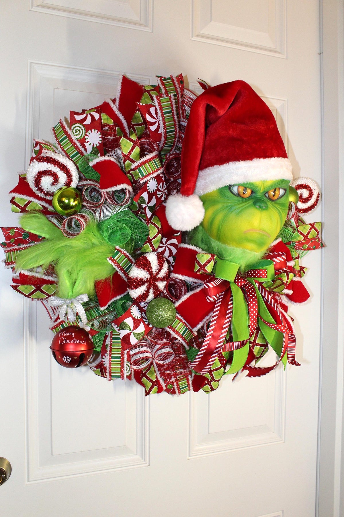 Whimsical Christmas Wreath, Green Monster Wreath, Mean One, Red and Green Holiday Candy Wreath, Holiday Fantasy