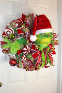 Whimsical Christmas Wreath, Green Monster Wreath, Mean One, Red and Green Holiday Candy Wreath, Holiday Fantasy