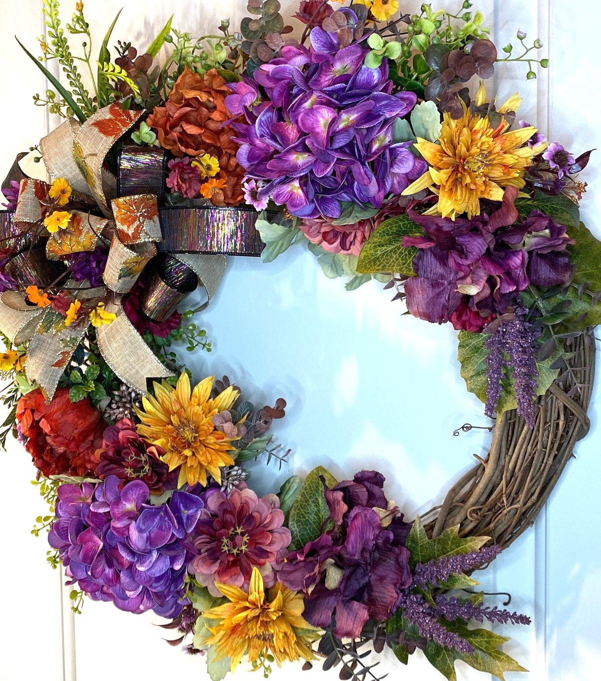 Fall Wreath Front Door, Fall Hydrangea & Aster wreath, Designer Wreath, Purple, Orange, Gold Fall Wreath, wreath with bow